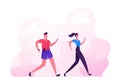 Happy Couple Man and Woman in Sports Wear Running City Marathon on Nature Landscape Background. Summertime Outdoor Sport