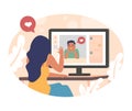 Happy couple meeting online, flat vector illustration. Video call chat technology, internet communication.