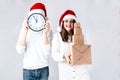 Happy couple man and fat woman celebrate Christmas and new year. Royalty Free Stock Photo