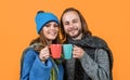 Happy couple of man and woman hold tea cups yellow background, morning Royalty Free Stock Photo