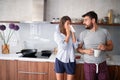Happy couple in morning celebratin valentines day in kitchen. sexy and in love Royalty Free Stock Photo