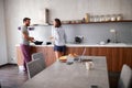 Happy couple in morning celebratin valentines day in kitchen. sexy and in love Royalty Free Stock Photo