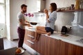 Happy couple in morning celebratin valentines day in kitchen. sexy and in love Royalty Free Stock Photo