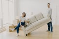 Happy couple move furniture in their new modern home, carry sofa with pet, pose in spacious room, lift couch in living room, have Royalty Free Stock Photo