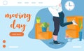 Happy couple moving to a new flat or house, landing page template with boxes, paint buckets and plants