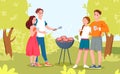 Happy couple people at outdoors barbecue picnic, young man woman characters have fun Royalty Free Stock Photo