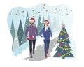 A happy couple of people running in a winter park. Sports training outside in the snow. Runner in motion. Running and fitness Royalty Free Stock Photo