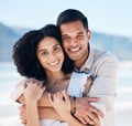 Happy, couple and portrait on beach in Brazil holiday, vacation or travel for summer break at the ocean, waves or sea Royalty Free Stock Photo