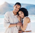 Happy, couple and portrait of beach holiday, vacation or travel to Brazil for summer break at the ocean, waves or sea Royalty Free Stock Photo