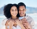 Happy couple, portrait and hug outdoor with love, care and happiness together in nature. Closeup and face of a young man Royalty Free Stock Photo