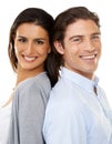 Happy couple, portrait smile and back together in relationship isolated against a white studio background. Woman and man Royalty Free Stock Photo