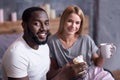 Happy couple posing in bedroom Royalty Free Stock Photo