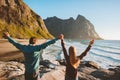 Happy couple raised hands travel vacations healthy lifestyle friends outdoor Royalty Free Stock Photo