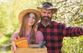 Happy couple ranch owners. Ecology environment. Soils and fertilizers. Planting plants. Family farm. Organic farm Royalty Free Stock Photo