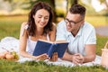 happy couple reading book on picnic at summer park Royalty Free Stock Photo