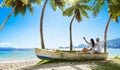 Happy Couple Relaxing on the Ocean. Seychelles island Royalty Free Stock Photo