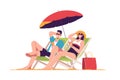 Happy couple relaxing while sitting in lounge deck chair at the beach under umbrella. Vector illustration Royalty Free Stock Photo