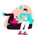 Happy Couple Resting at Home and Reading Books. Man and Woman on Sofa with Book and phone. Vector illustration isolated