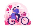 A Happy Couple Is Riding a Bicycle Together. A Man and a Woman Enjoying a Romantic Bike Ride With Heart-Shaped Balloons. Happy Royalty Free Stock Photo