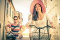 Happy couple riding bicycles outdoors Royalty Free Stock Photo