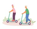 Happy couple riding kick scooter in park, Active and healthy lifestyle concept