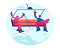 Happy Couple Rise to Ski Lift Elevator Waving Hands. Sportsmen Skier and Snowboarder Go Up Hill on Cable Rope Mountain