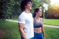 Happy couple running and jogging together outdoor Royalty Free Stock Photo