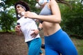 Happy couple running and jogging together outdoor Royalty Free Stock Photo
