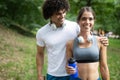 Happy couple running and jogging together outdoor Royalty Free Stock Photo