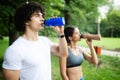 Happy couple running and jogging together outdoor Royalty Free Stock Photo