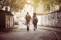 Happy couple running outdoor. Moving activity. Royalty Free Stock Photo