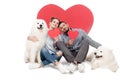 happy couple with samoyed dogs and paper hearts on white, valentines Royalty Free Stock Photo