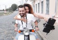 Happy couple traveling on motorcycle.Travel concept Royalty Free Stock Photo