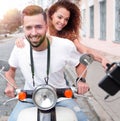 Happy couple traveling on motorcycle.Travel concept Royalty Free Stock Photo