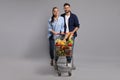 Happy couple with shopping cart full of groceries on light grey background Royalty Free Stock Photo