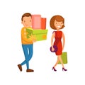 Happy couple shopping, family shopping in a mall cartoon vector Illustration