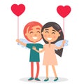 Happy Couple Sincerely Smiling Hold Balloon Vector