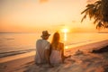 Happy couple enjoy luxury sunset on the beach during summer vacation. Generative AI Royalty Free Stock Photo