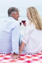 Happy couple sitting on a blanket and toasting with red wine Royalty Free Stock Photo