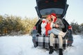 Happy couple sitting in open car back, having stop off. Romantic traveling concept. Winter forest Royalty Free Stock Photo