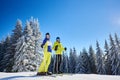 Happy couple skiers posing on skis before skiing at ski resort. Clear blue sky, snow-covered fir trees on background.