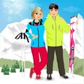 Happy couple skiers standing on edge of mountain peaks