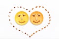 Happy couple smile, heart, food background. Top view, flat lay Royalty Free Stock Photo