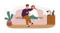 Happy couple smiling and talking sitting on couch at living room vector flat illustration. Joyful man and woman relaxing Royalty Free Stock Photo