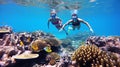 happy couple snorkeling in a wonderful coral reef. AI Generated Royalty Free Stock Photo