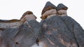 Happy couple standing near cave houses surrounded by fairy chimneys at Pasabag Valley in Turkey Royalty Free Stock Photo