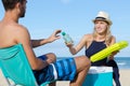 happy couple standing on shore Royalty Free Stock Photo