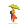 Happy couple standing together under green umbrella flat vector illustration