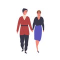 Happy couple on stroll flat vector illustration. Young man and woman walk holding hands cartoon characters. Romantic Royalty Free Stock Photo