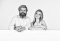 happy couple in studio. young family portrait. bearded man and woman. smiling girl has blonde hair. brutal mature Royalty Free Stock Photo